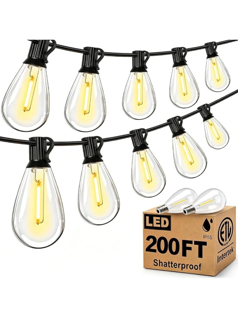 200FT Outdoor String Lights - Ultra Long LED Patio Lights, Waterproof Edison